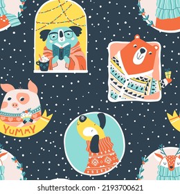 Christmas seamless pattern with cute animals on dark snowfall background. Vector doodle illustration in simple childish hand drawn cartoon scandinavian style. The limited palette is ideal for printing