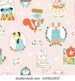 Christmas seamless pattern with cute animals on a beige background with comical phrases. Vector doodle illustration in simple childish hand drawn cartoon scandinavian style. Limited palette