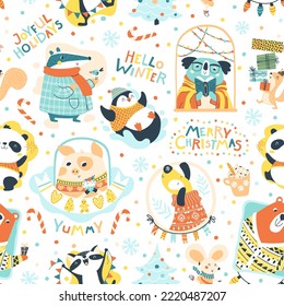 Christmas seamless pattern with cute animals on a beige background with comical phrases. Vector doodle illustration in simple childish hand drawn cartoon scandinavian style. Limited palette