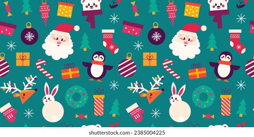 Christmas seamless pattern with cute animals, Santa Claus. Vector festive background with snowflakes.