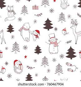 Christmas seamless pattern with cute animals. Vector illustration