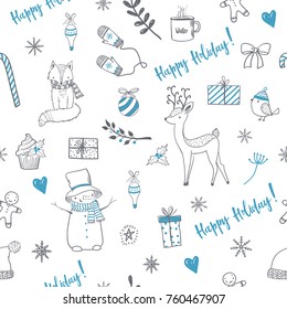 Christmas seamless pattern with cute animals. Vector illustration