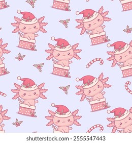 Christmas Seamless pattern with cute Axolotl Santa in gift box on blue background with striped caramel candy and holly. New Year Funny Little cartoon kawaii character backdrop. Vector illustration