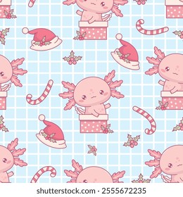 Christmas Seamless pattern with cute Axolotl Santa in gift box on blue checkered background. New Year Funny Little pink cartoon kawaii character backdrop. Vector illustration. Kids collection