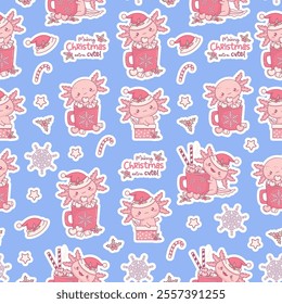 Christmas Seamless pattern with cute Axolotl Santa in gift box, with festive cup Hot Cocoa with Marshmallows on blue background. New Year Funny Little cartoon kawaii character. Vector illustration