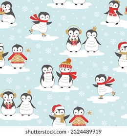 Christmas seamless pattern of cute baby penguins on ice floes with snowflake background elements.