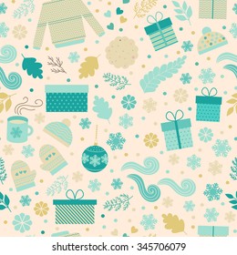 Christmas seamless pattern. Cute seamless background with gift boxes, Christmas toys, snowflakes, mittens, sweater, caps, mugs of tea and cookie. Childish funny background for fabric, wrapping paper