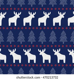 Christmas seamless pattern. Cute Christmas background - Xmas trees, deers and stars. Scandinavian sweater style. Design for textile, wallpaper, web, wrapping paper, fabric, decor etc.