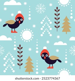Christmas seamless pattern with cute birds and decorative design elements, geometric flat style, blue colors