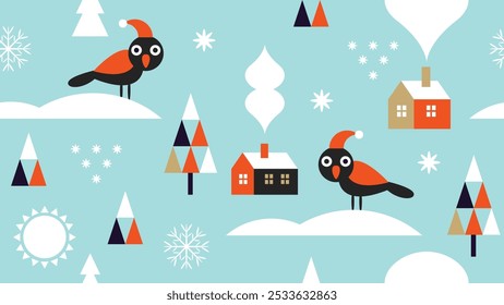 Christmas seamless pattern with cute birds and decorative design elements, geometric flat style, blue colors