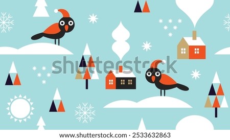 Christmas seamless pattern with cute birds and decorative design elements, geometric flat style, blue colors