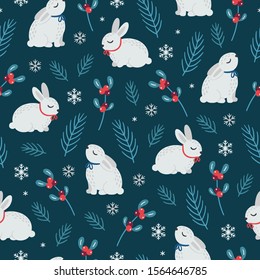 Christmas seamless pattern with cute bunnies, snowflakes, pine branches and mistletoe on dark cyan background. Hand drawn vector illustration. Wrapping paper, greeting cards, textile design. 