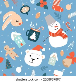 Navidad, patrón sin fisuras con lindos conejitos, hombres de nieve, hombres de jengibre, árboles de Navidad y copos de nieve. Ilustración vectorial plana moderna y simple.