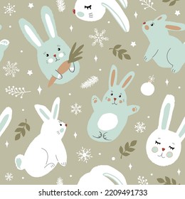 Christmas seamless pattern of cute bunnies and snowflakes. Modern simple flat vector illustration.