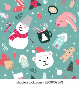 Christmas seamless pattern with cute bunnies, snowmen, gingerbread men, Christmas trees and snowflakes. Modern simple flat vector illustration.