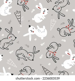 Christmas seamless pattern with cute bunnies. Vector illustration for wrapping paper and scrapbooking