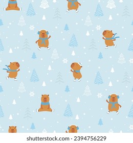 Christmas seamless pattern with cute capybara on winter skates, snowflakes and christmas tree 