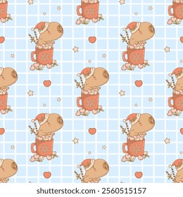 Christmas Seamless pattern. Cute Capybara Santa in cup Hot Cocoa with Marshmallows on blue checkered background. New Year Funny cartoon kawaii character backdrop. Vector illustration. Kids collection