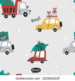 Christmas seamless pattern with cute cars. Pattern for bedroom, wallpaper, kids and baby wear.