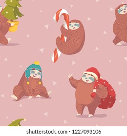 christmas seamless pattern with cute cartoon sloths, garland, candy cane, santa claus and christmas tree.wrapping paper pattern