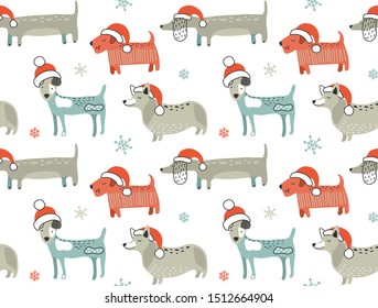 Christmas seamless pattern with cute cartoon dogs in Santa hats. Vector illustration. Creative endless holiday background. Perfect for kids design, fabric, wrapping, wallpaper, textile