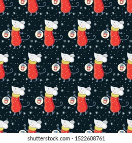 Christmas Seamless pattern cute cartoon mouse. Kawaii mouse holds a burning lantern at night. Hand drawn vector illustration. Chinese symbol 2020 new year. Doodle. For packaging, paper, textile