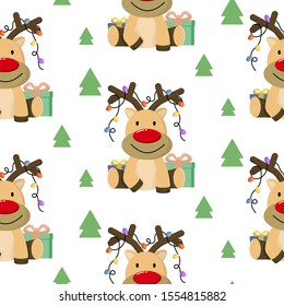 Christmas seamless pattern with cute cartoon sleepy deer and trees on white background. Vector illustration for wrapping paper.