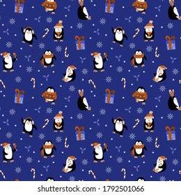 Christmas seamless pattern with cute cartoon penguins. New year decoration on dark blue background. Vector illustration.