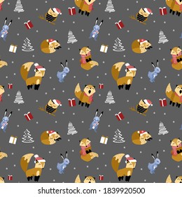 Christmas seamless pattern with cute cartoon woodland animals. Foxes, owls and rabbits on gray background. Vector illustration.