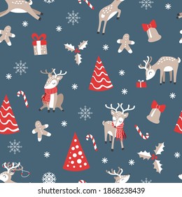 Christmas seamless pattern with cute cartoon reindeers. Festive wrapping paper design. Vector illustration.