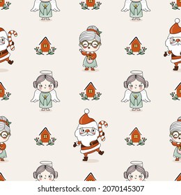 Christmas seamless pattern with cute cartoon characters in hand drawn style. Santa Claus, angel, mrs Claus