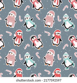 Christmas seamless pattern with cute cartoon penguins. Can be used for fabric, wrapping paper, scrapbooking, textile, poster, banner and other christmas design. Flat style.