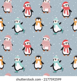 Christmas seamless pattern with cute cartoon penguins. Can be used for fabric, wrapping paper, scrapbooking, textile, poster, banner and other design. Flat style.