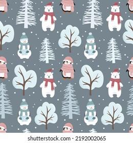 Christmas seamless pattern with cute cartoon penguins, white bear, snowman and trees. Flat style. Can be used for fabric, wrapping paper, scrapbooking, textile, banner and other christmas design. 