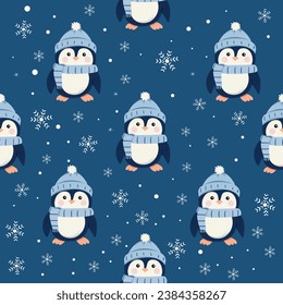 Patrón de Navidad sin fisuras con lindos pingüinos de dibujos animados y copos de nieve. Puede utilizarse para tejidos, papel de embalaje, rayado, textil, póster, banner y otros diseños de navidad. Estilo plano.