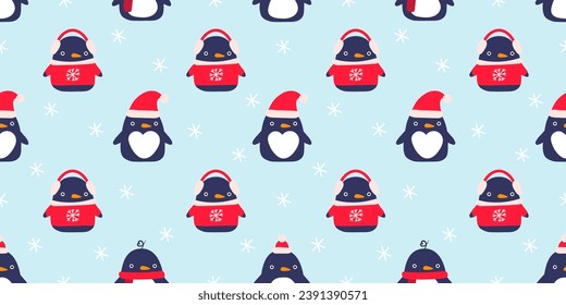 Patrón de Navidad sin fisuras con lindos pingüinos de dibujos animados y copos de nieve. Personajes de caricatura de invierno. Se puede utilizar para tejidos, papel de embalaje, raspado, textil, afiche, pancarta y otras navidades