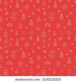 Christmas seamless pattern with cute cartoon characters and decorations. Wallpaper design. Vector illustration