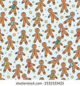 Christmas seamless pattern with cute cartoon gingerbread cookies. Wallpaper design. Vector illustration