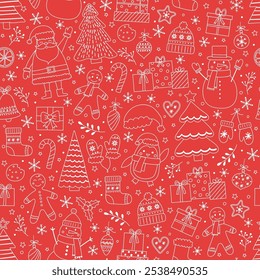 Christmas seamless pattern with cute cartoon characters and decorations. Wallpaper design. Vector illustration