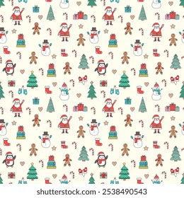 Christmas seamless pattern with cute cartoon characters and decorations. Wallpaper design. Vector illustration