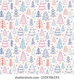 Weihnachten nahtlose Muster mit niedlichen Cartoon-Bäume und Schneeflocken. Tapeten-Design. Vektorgrafik