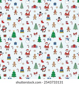 Christmas seamless pattern with cute cartoon characters and decorations. Wallpaper design. Vector illustration
