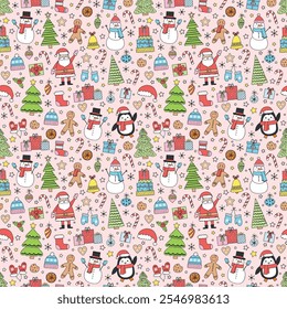 Christmas seamless pattern with cute cartoon characters and decorations. Wallpaper design. Vector illustration