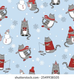 Christmas seamless pattern with cute cartoon cats. Vector holiday winter background