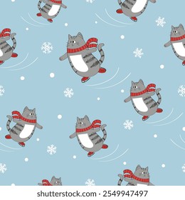 Christmas seamless pattern with cute cartoon skating cat. Vector holiday winter activity background