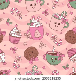 Christmas seamless pattern with cute cartoon mugs and cookie