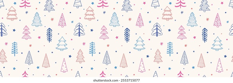 Christmas seamless pattern with cute cartoon trees and snowflakes. Wallpaper design. Vector illustration