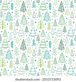 Christmas seamless pattern with cute cartoon trees and snowflakes. Wallpaper design. Vector illustration