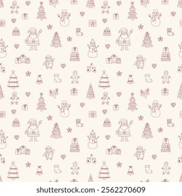 Christmas seamless pattern with cute cartoon characters and decorations. Wallpaper design. Vector illustration
