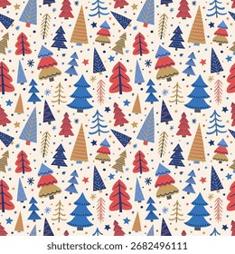 Christmas seamless pattern with cute cartoon trees and snowflakes. Wallpaper design. Vector illustration